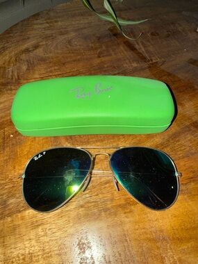 Ray-Ban Gold Frame Aviator Sunglasses with Green Mirrored Lenses and Lime Case